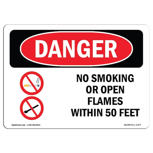 OSHA, No Smoking Or Open Flames W/in 50 Feet, 18in X 12in Rigid Plastic, 12" W, 18" L, Landscape